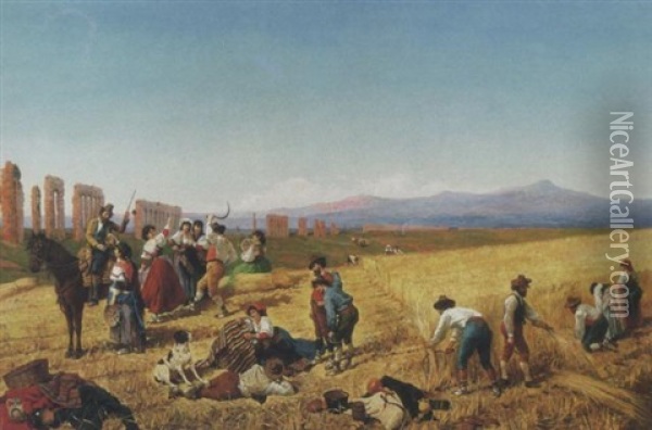 Festa Della Mietitura Nella Campagna Romana, 1877 Oil Painting - Filippo Indoni