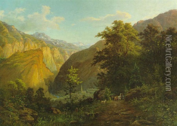 Sommerliche Alpenlandschaft Mit Kutsche Und Ziegen Uber Einer Tiefen Talschlucht Oil Painting - Theodor Kuchel