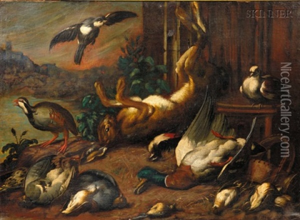 Still Life With Fowl And Game Oil Painting - Melchior de Hondecoeter