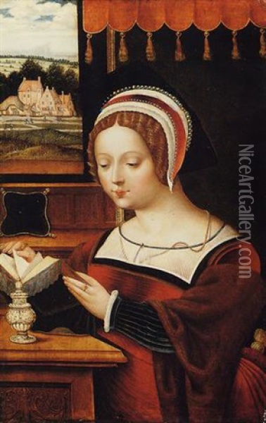 Mary Magdalene Reading, Seated Before An Open Window Oil Painting -  Master of the Parrot
