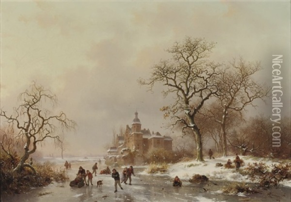 An Afternoon On The Ice Near A Castle Oil Painting - Frederik Marinus Kruseman