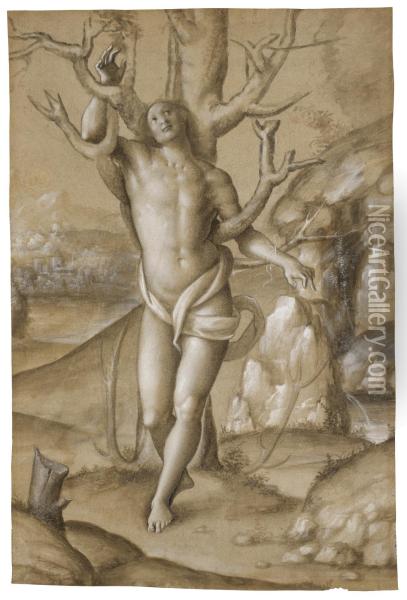 St. Sebastian In An Extensive Landscape Oil Painting - Gerolamo Giovenone