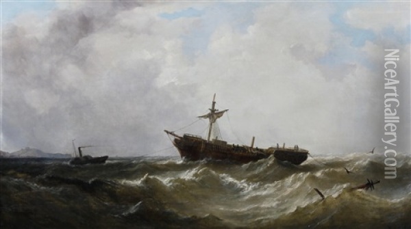 Dismasted Vessel Under Tow From A Paddle Tug Oil Painting - William Adolphus Knell