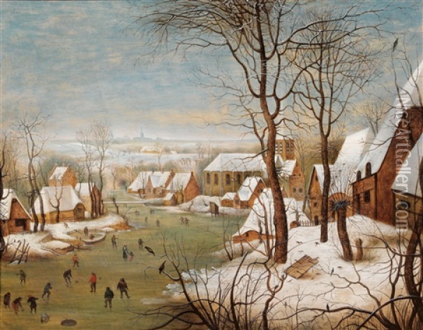 A Winter Landscape With A Village And A Bird Trap Oil Painting - Pieter Brueghel the Younger