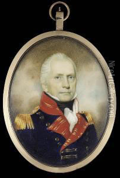 An Officer Of Royal Artillery, 
Wearing Dark Blue Coat With Red Facings And Gold Epaulettes, Black Stock
 And Frilled White Cravat Oil Painting - Walter Robertson
