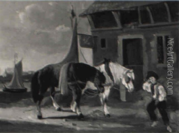 Horses Feeding Outside A Stable Off The Shore Oil Painting - Joseph Jodocus Moerenhout