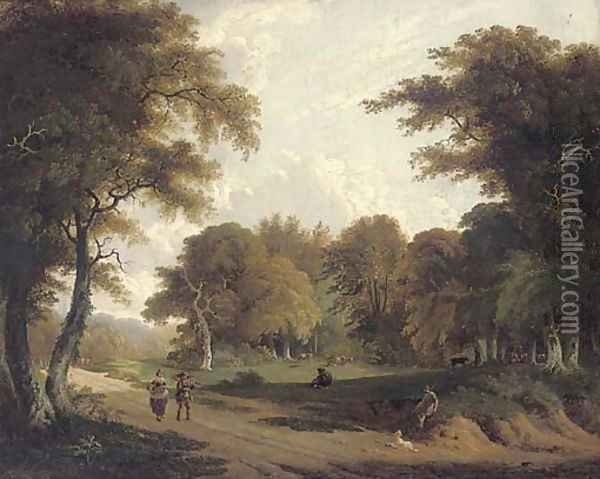 Faggot gatherers walking along a woodland track, with cows grazing beyond Oil Painting - George Barret