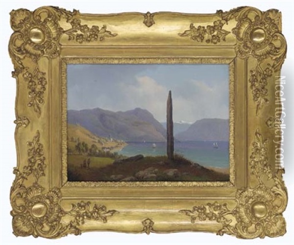 Harvesters On A Stroll To An Obelisk By An Alpine Lake Oil Painting - Gustaf Wilhelm Palm