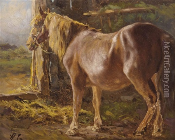 Pferd Im Stall Mit Ausblick Oil Painting - Anton Schroedl