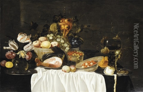 Nature Morte A La Piece De Delft Et Au Jambon Oil Painting - Cornelis Cruys