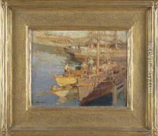At The Guinea Wharf, Gloucester, Massachusetts Oil Painting - Frederick John Mulhaupt