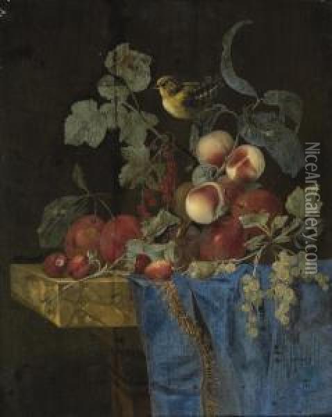Plums, Strawberries, Peaches, 
Grapes, Redcurrants And Gooseberries With A Finch, On A Partly-draped 
Marble Ledge Oil Painting - Willem Van Aelst