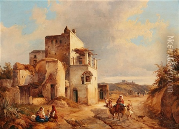 Southern Landscape With Travellers Oil Painting - Consalvo Carelli