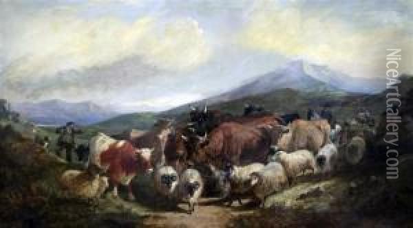 Drovers In The Highlands Oil Painting - Henry Charles Woollett