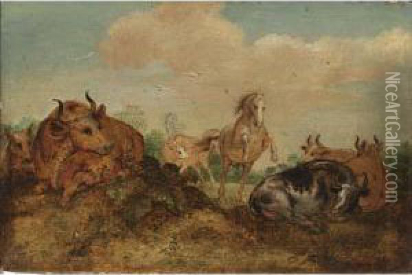 Cows And Horses In A Summer Landscape Oil Painting - Gillis Claesz De Hondecoeter