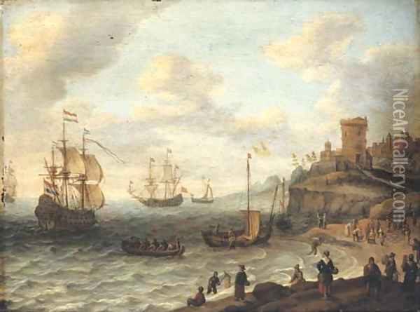 A coastal landscape with shipping and fishermen selling their catch, a fortified settlement on the cliffs beyond Oil Painting - Abraham Willaerts
