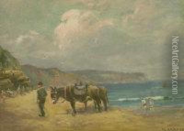 Donkeys On The Beach At Upgang Whitby Oil Painting - William Ashton