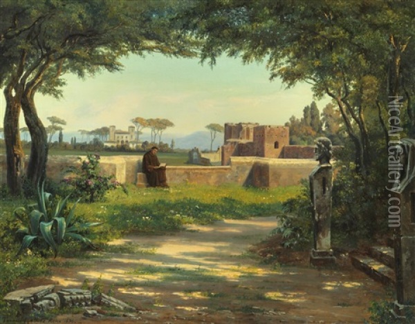 View From Rome With Villa Borghese Seen From Villa Medici Oil Painting - Thorald Laessoe