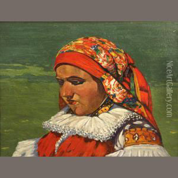 A Young Girl In Folk Costume Oil Painting - Joza Uprka