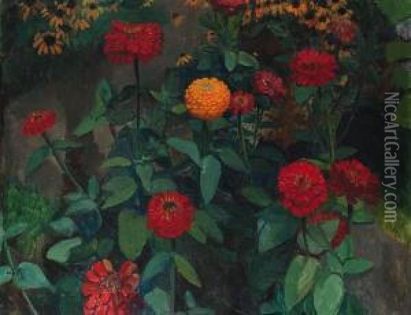 Zinnias In A Garden Oil Painting - Gerrit Willem Van Blaaderen