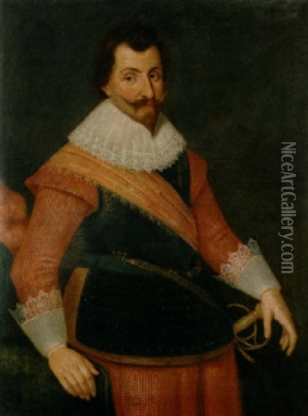 Portrait Of A Bearded Gentleman (a Member Of The House Of Nassau-orange?) In A Breastplate With An Orange Sash, His Hand On A Table, A Plumed Hat At His Side Oil Painting - Michiel Janszoon van Mierevelt