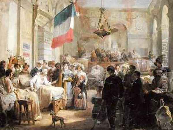 Queen Marie Amelie 1782-1866 Visiting the Wounded at the Ambulance de la Bourse Oil Painting - Nicolas Louis Francois Gosse