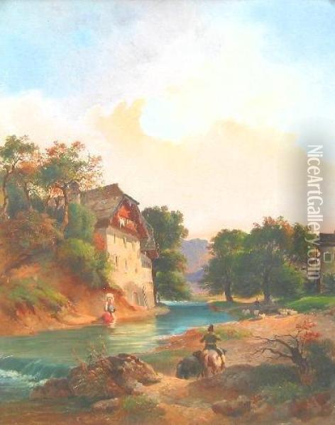 The House On The River Steye Oil Painting - Johann Nepomuk Passini
