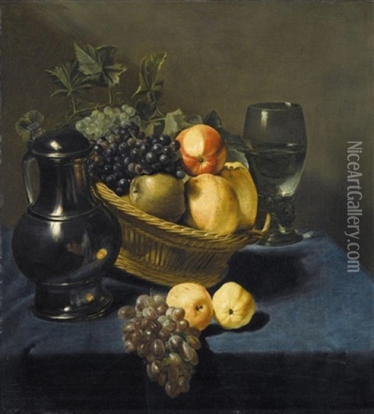 Still Life With Apples And Grapes In A Wicker Basket, With A Roemer And A Ewer On A Blue Draped Table Oil Painting - Judith Leyster