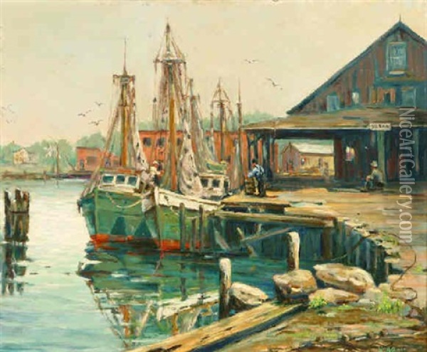 Fishing Boats In Harbor - Rockport Area (?) Oil Painting - William Couper