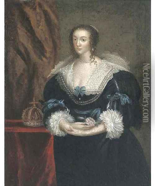 Portrait of Queen Henrietta Maria, small three-quarter-length, in a dark blue dress, holding a rose Oil Painting - Sir Anthony Van Dyck