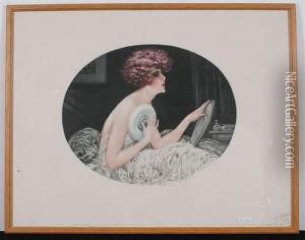 Lot Of Two Engravings Of Women Putting On Makeup Oil Painting - Maurice Milliere