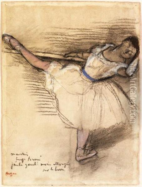 Danseuse Pratiquant La Barre (dancer Practicing At The Bar) Oil Painting - Edgar Degas