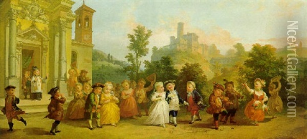 Die Kinderhochzeit, Der Hochzeitszug Aus Der Kirche Oil Painting - Michele Antonio Rapous