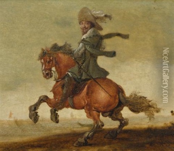 A Cavalier On Horseback Before A Landscape Oil Painting - Jan Asselijn