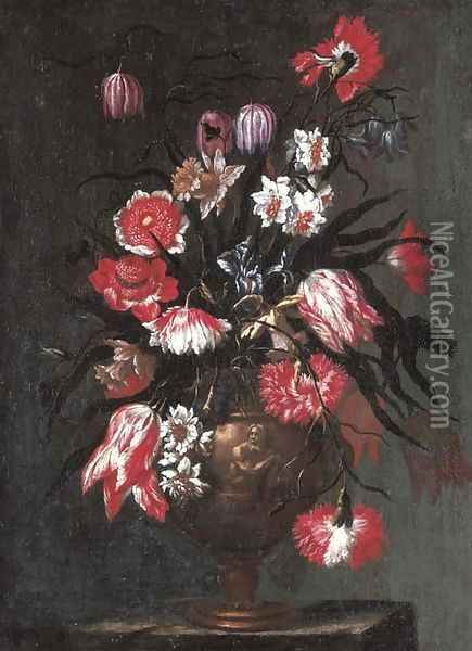Tulips, carnations, daffodils and other flowers in a sculpted vase Oil Painting - Francesco Mantovano