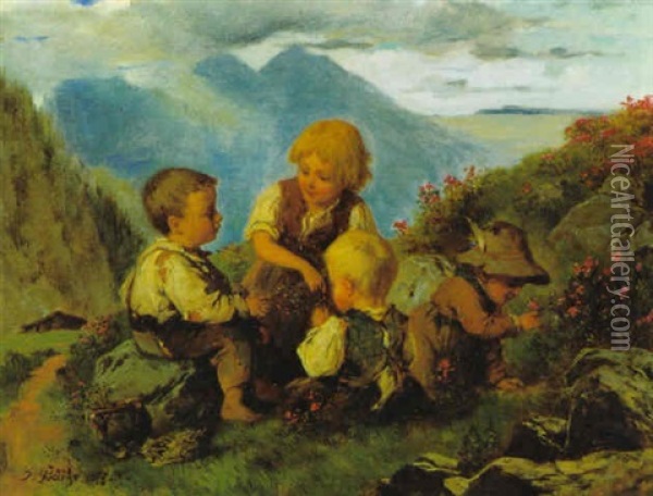 Kinder Beim Almrauschpflucken Oil Painting - Josef Bueche