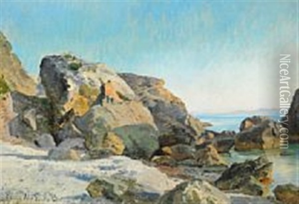 Rocky Coast At Capri Oil Painting - Janus la Cour