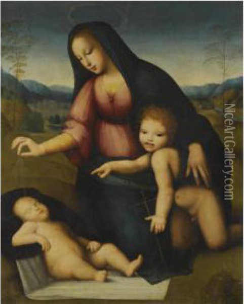 Madonna And Child In A Landscape With The Infant St John Thebaptist Oil Painting - Andrea Piccinelli Il Brescianino
