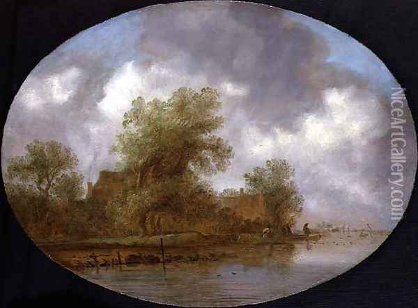 A River Landscape with Fishermen Hauling in Nets Oil Painting - Joost de Volder