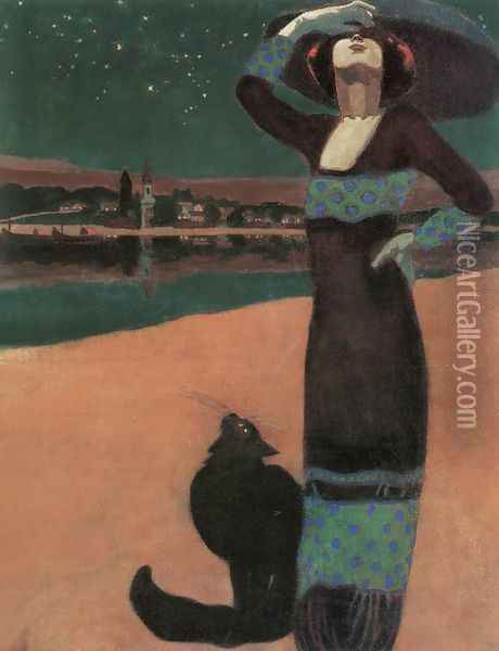 Slim Woman with a Cat 1913 Oil Painting - Geza Farago