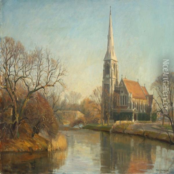Landscape With A Church Oil Painting - Axel Johansen