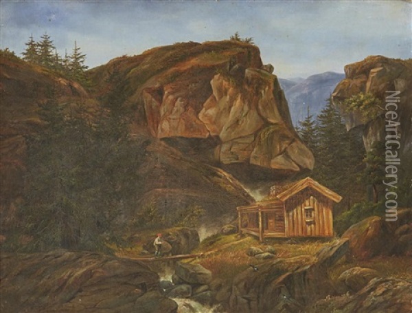 Stuga I Bergslandskap Oil Painting - Christian August Printz