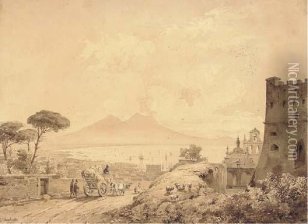 The Bay Of Naples From Castel Sant'elmo, Vesuvius Seen In Thedistance Oil Painting - Johann Jakob Ulrich