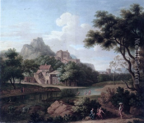 Figures On A Path In An Italianate River Landscape With A Citadel And Village Beyond Oil Painting - Gaspard Dughet