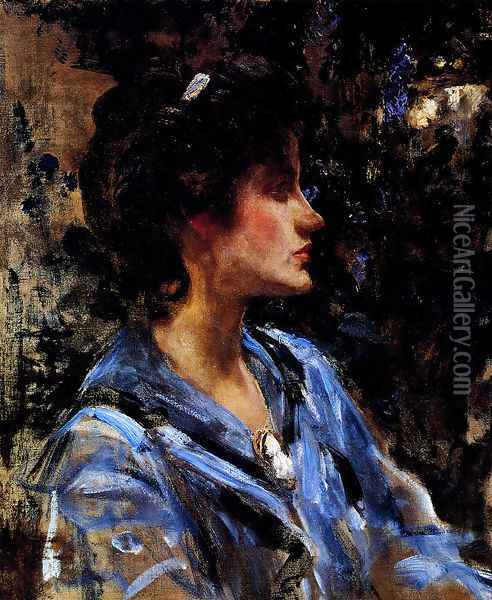 Young Woman In Blue -- Miss H. Strom Oil Painting - James Jebusa Shannon