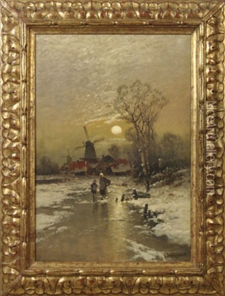 Hollandische Winterlandschaft, Zwei Fusganger Auf Zugefrorenem Kanal Oil Painting - Johann Jungblut