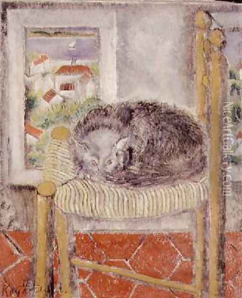 Cat on a rush chair Oil Painting - Sei Koyanagui