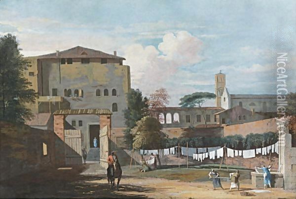 View Of An Italian Courtyard, With An Elegant Rider, And Women Hanging Washing By A Fountain Oil Painting - Marco Ricci