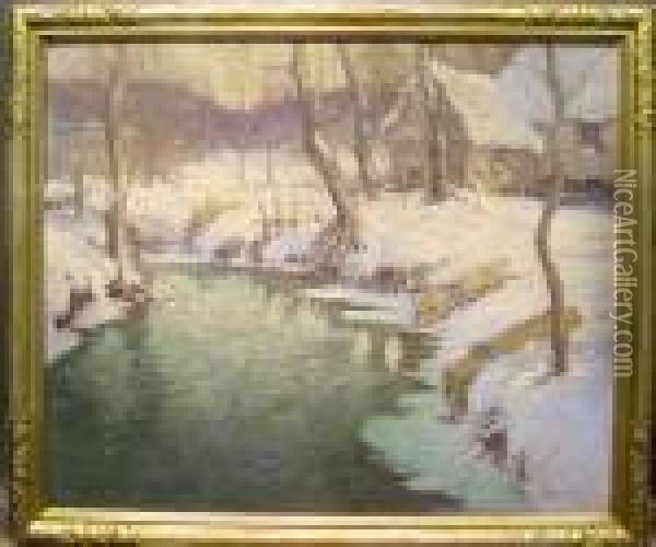 A Cabin In Winter By A Stream Oil Painting - George Ames Aldrich