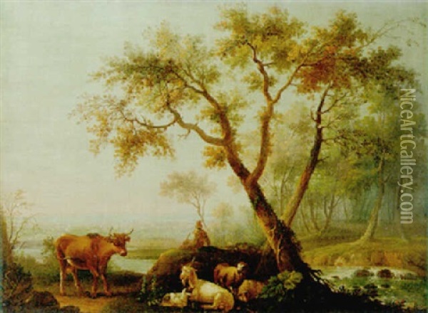 A Shepherd On River-bank With Cow, A Goat And Sheep Oil Painting - Jean Baptiste Pillement